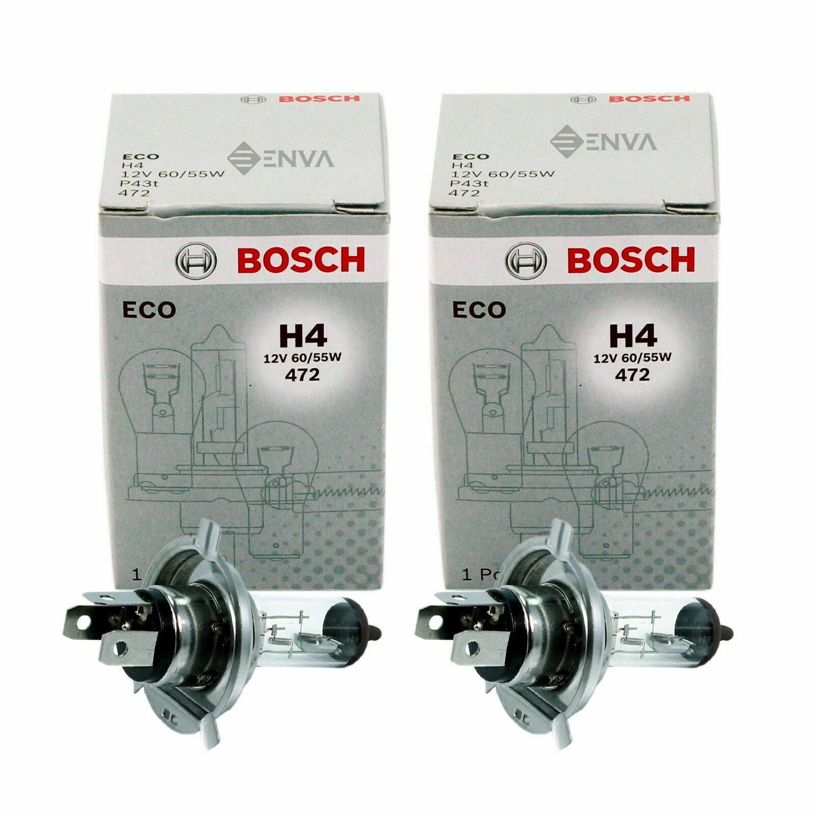 2X Geniune Bosch Eco H4 12V 60 55W P43T 472 Headlight Bulb