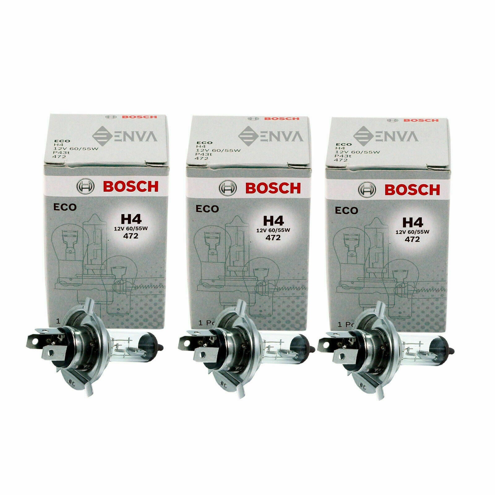 3X Geniune Bosch Eco H4 12V 60 55W P43T 472 Headlight Bulb