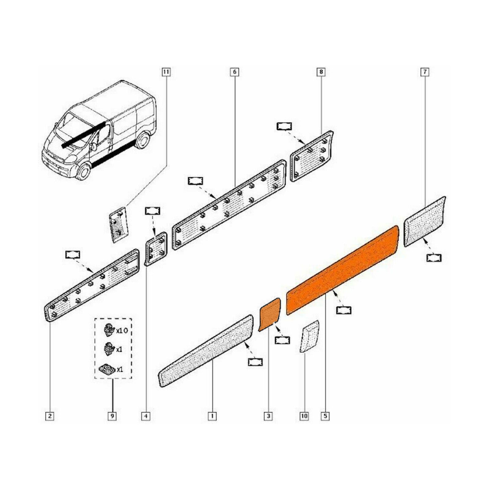 Left Side Central and Long Trim Moulding Panel for Renault Trafic II 02-13