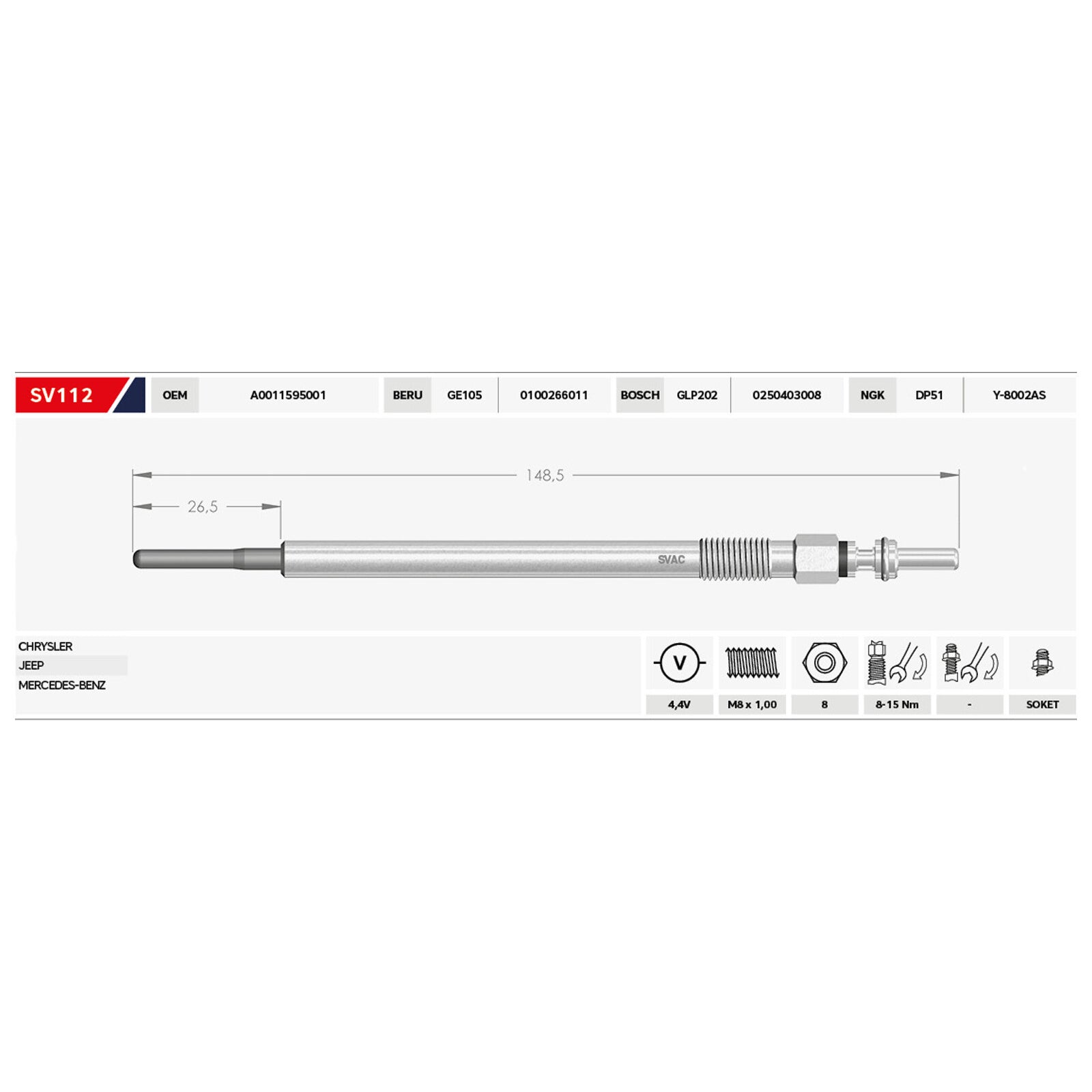 6X Glow Plugs A0011595001 0011595001 5175756AA A0011597101 68102087AA 71775530